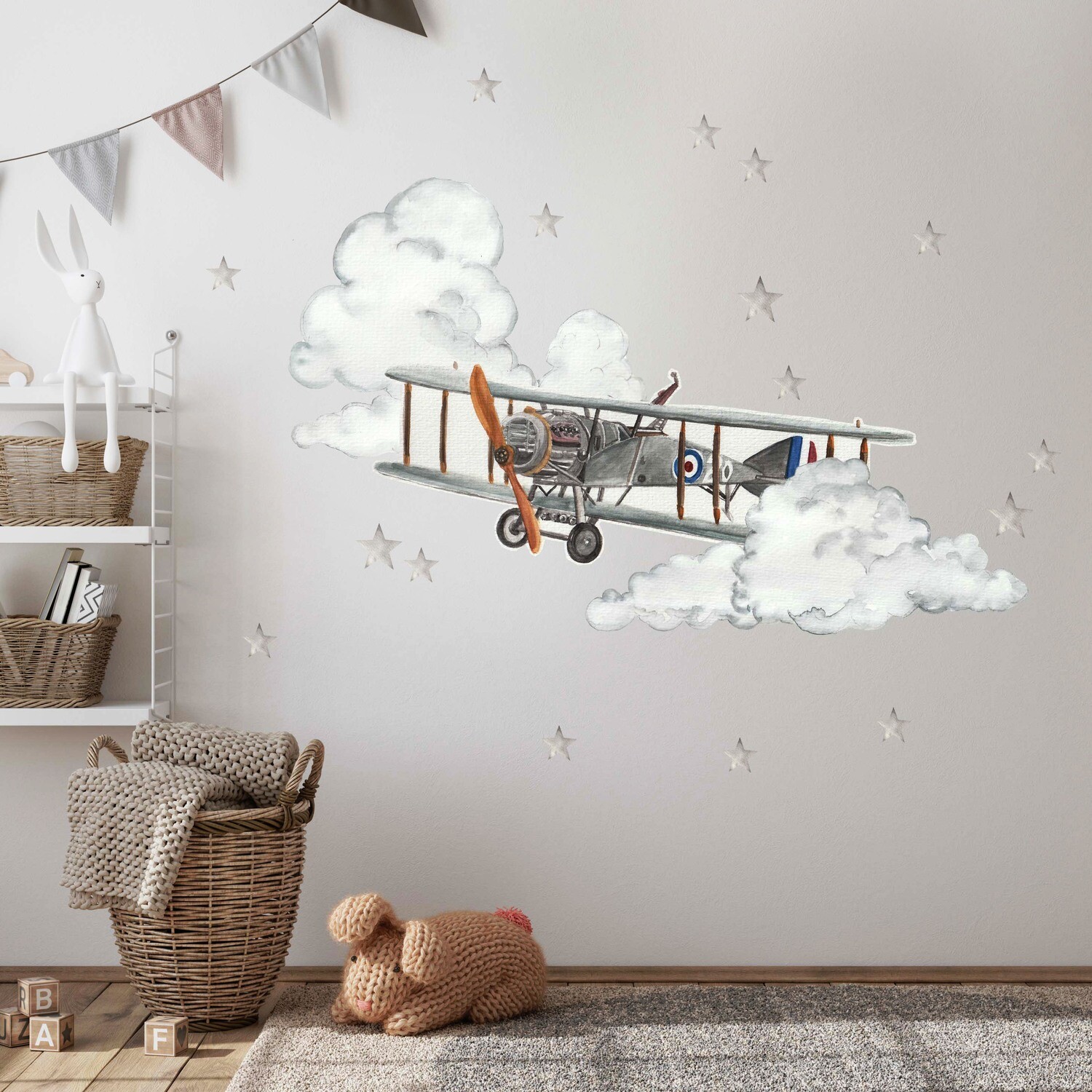 Vintage Gray Plane + Clouds + Gray Stars Set