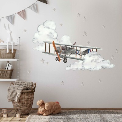 Vintage Gray Plane + Clouds + Gray Stars Set
