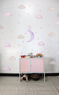 Lavender Crescent Moon, Stars, Clouds &amp; Raindrops Set