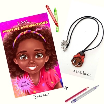 I Am... Positive Affirmations Journal For Girls  plus Cute Brown Girl Necklace 