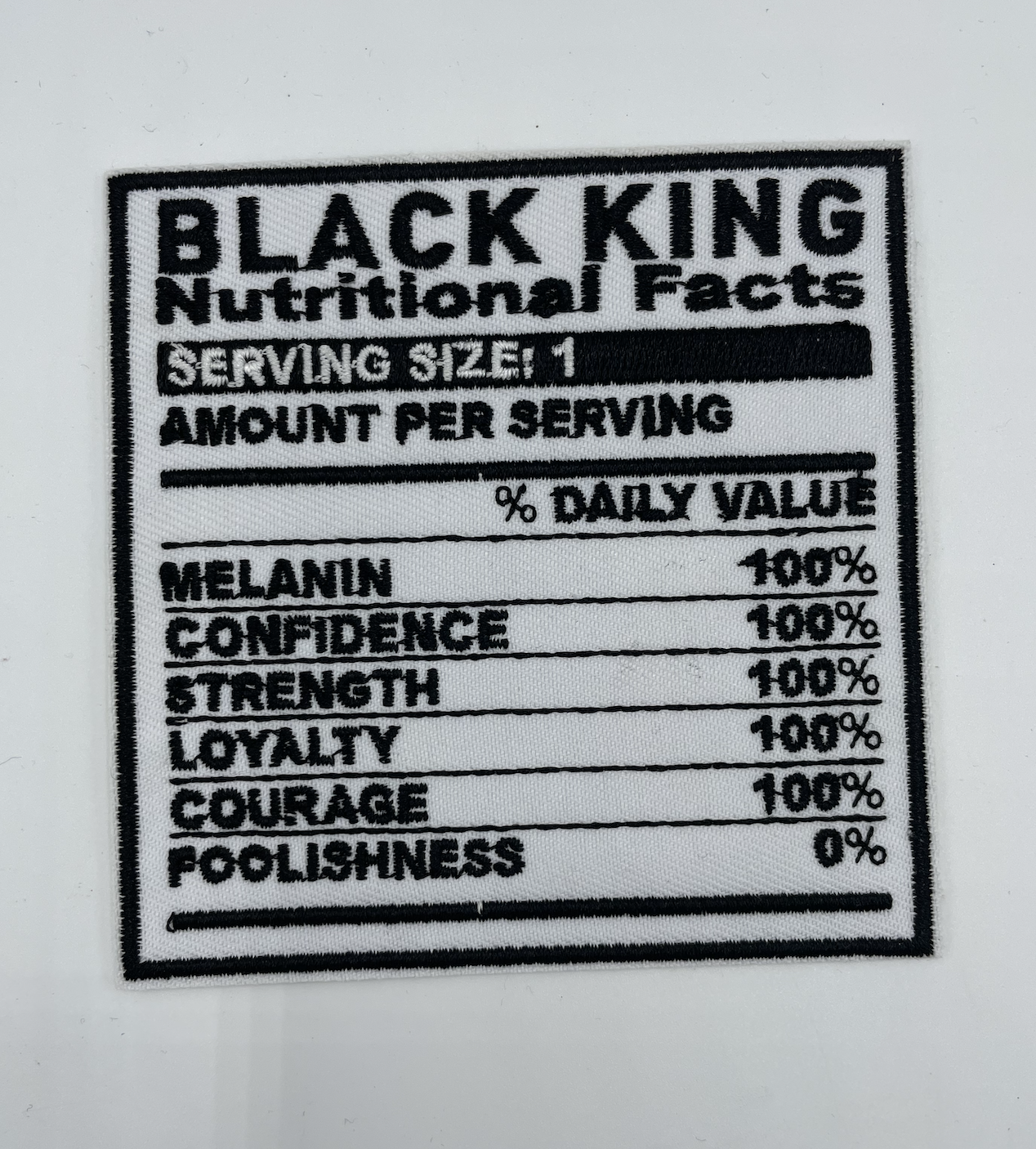 Black King Nutritional Facts Iron On Patch