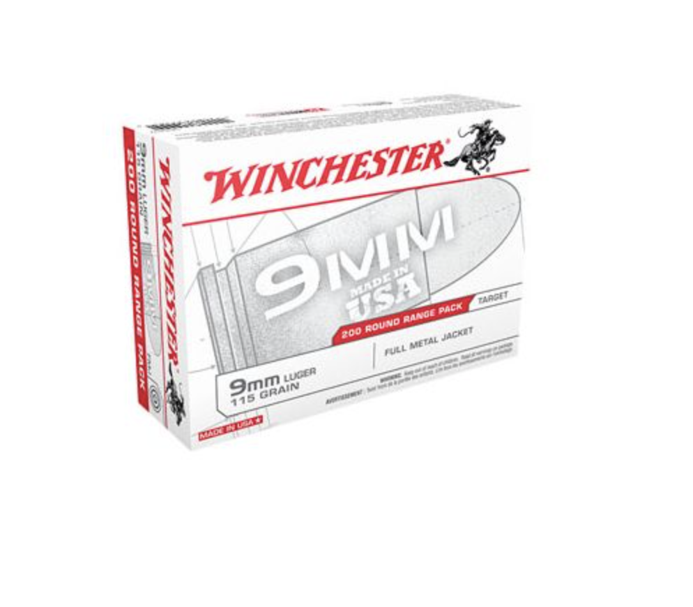 Winchester USA 9mm Luger 115 gr Full Metal Jacket (FMJ) 200 RD Bx (Range Pack)