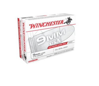 Winchester USA 9mm Luger 115 gr Full Metal Jacket (FMJ) 200 RD Bx (Range Pack)