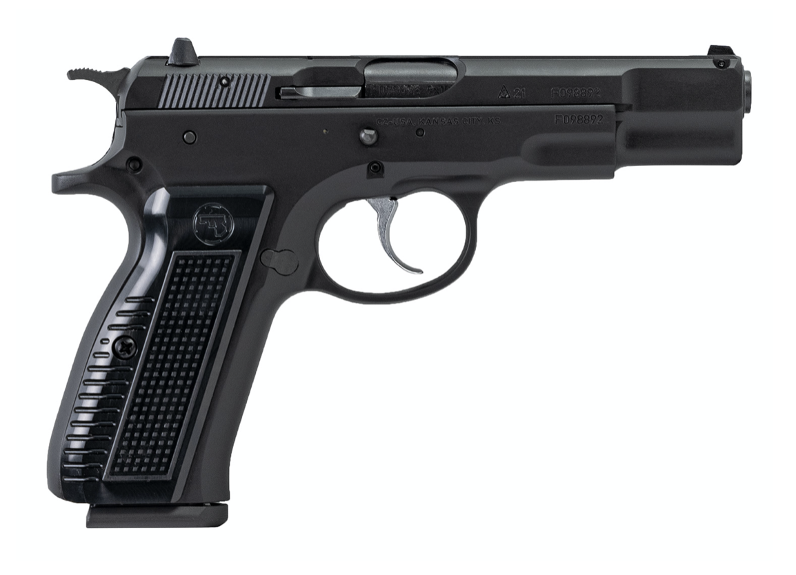 CZ USA 75 B Retro 9mm Luger Caliber with 4.60&quot; Non-Tilted Barrel, 17+1 Capacity, Overall Black Finish Steel, Beavertail Frame, Inside Railed Slide &amp; Waffle Pattern Aluminum Grip
