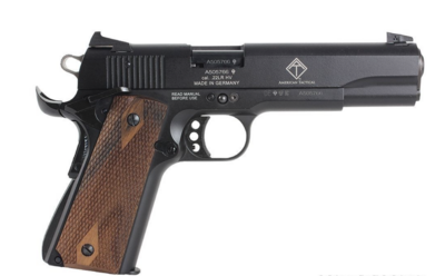 GSG 1911 *CA Compliant 22 LR 10+1 5&quot; All Black Anodized Steel Barrel, Serrated Slide, Zinc Alloy w/Beavertail Frame, Double Diamond Walnut Grip