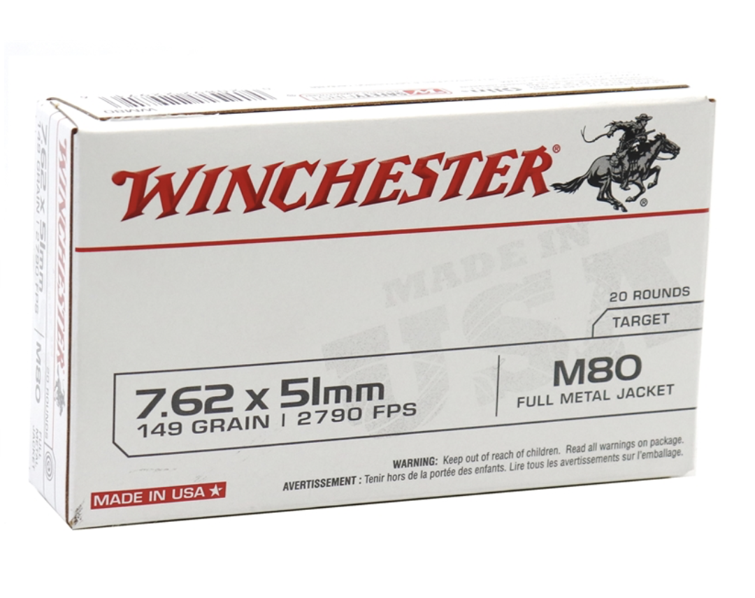 Winchester USA 7.62x51mm NATO Ammo 149 M80 Grain Full Metal Jacket