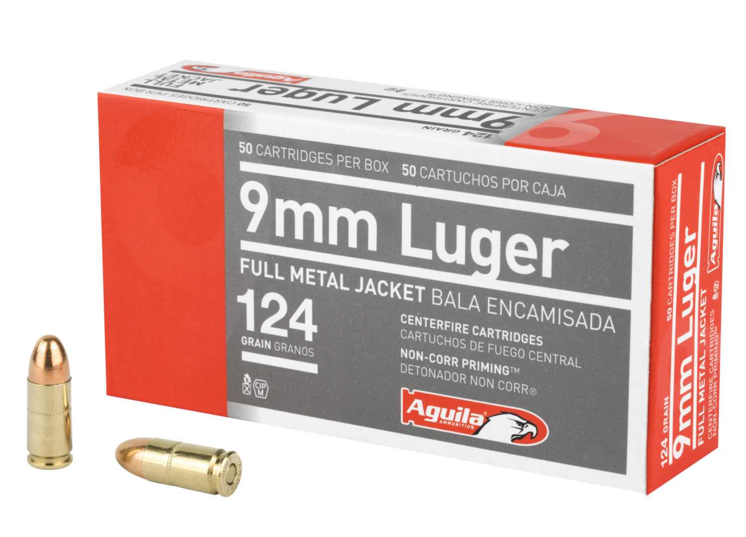 Aguila Ammunition, Pistol, 9MM, 124 Grain, Full Metal Jacket, 50 Round Box