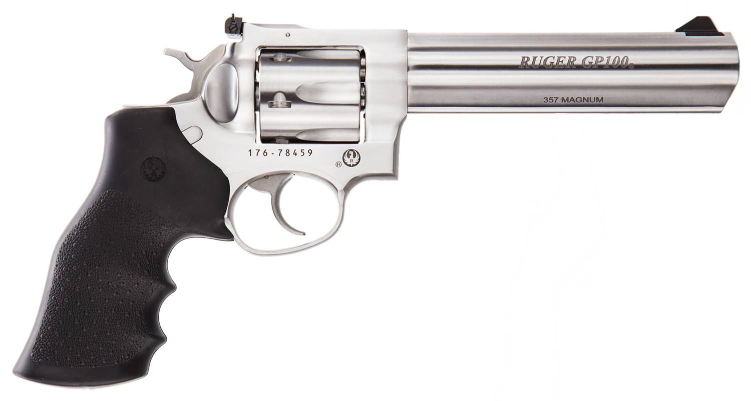 Ruger GP100 Standard 357 Mag 6rd 6&quot; Overall Satin Stainless Steel with Triple-Locking Cylinder, Black Hogue Monogrip Grip &amp; Adjustable Rear Sight