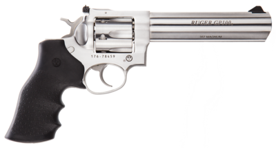 Ruger GP100 Standard 357 Mag 6rd 6&quot; Overall Satin Stainless Steel with Triple-Locking Cylinder, Black Hogue Monogrip Grip &amp; Adjustable Rear Sight