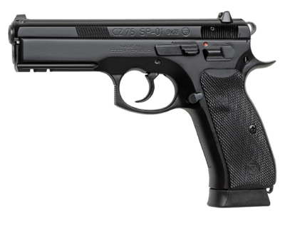 CZ-USA 75 SP-01 *CA Compliant 9mm Luger Caliber with 4.60&quot; Non-Tilted Barrel, 10+1 Capacity, Black Polycoat Finish Picatinny Rail, Serrated Trigger Guard &amp; Beavertail Frame, Inside Railed Black Slide,