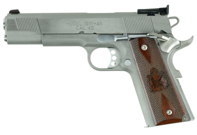 Springfield Armory 1911 Loaded Target *CA Compliant 45 ACP 5&quot; 7+1 Stainless Steel Frame Stainless Steel with Front &amp; Rear Serrations Slide Crossed Cannon Cocobolo Grip with Adjustable Sights 
