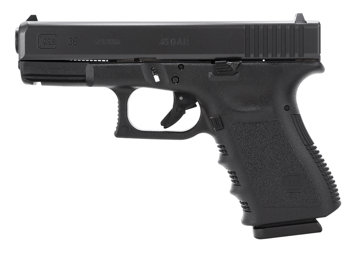 Glock G38 Gen3 Compact 45 GAP Caliber with 4.02&quot; Barrel, 8+1 Capacity, Overall Black Finish, Picatinny Rail Frame, Serrated Slide, Finger Grooved Rough Texture Polymer Grip &amp; Fixed Sights