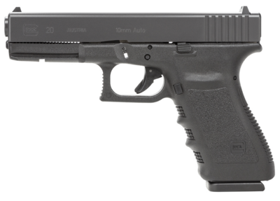 Glock G20 Short Frame 10mm Auto Caliber with 4.61&quot; Barrel, 10+1 Capacity, Overall Black Finish, Picatinny Rail Frame, Serrated Slide, Finger Grooved Rough Texture Polymer Grip &amp; Fixed Sights