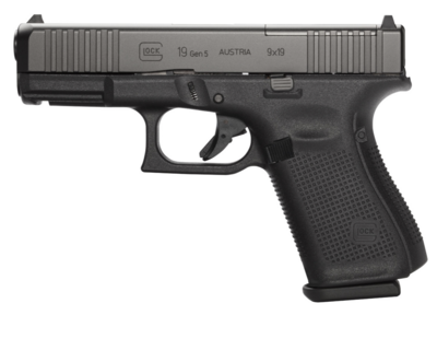 Glock MOS G19 Gen5 Compact MOS 9mm Luger Caliber with 4.02&quot; Glock Marksman Barrel, 10+1 Capacity, Overall Black Finish, Picatinny Rail Frame, Serrated/MOS Cuts nDLC Steel Slide, Rough Texture Intercha