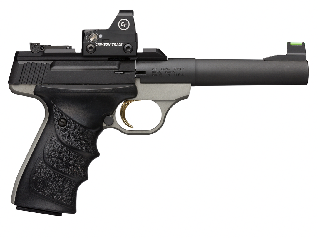 Browning Buck Mark Plus Practical 22 LR Caliber with 5.50&quot; Picatinny Rail Barrel, 10+1 Capacity, Matte Gray Finish Frame, Serrated Matte Black Steel Slide &amp; Finger Grooved Black Ultragrip RX Grip Incl