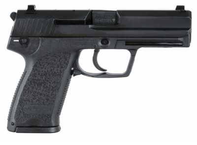 HK USP USP Compact V1 *CA Compliant SA/DA 9mm Luger Caliber with 3.58&quot; Barrel, 10+1 Capacity, Overall Black Finish, Serrated Trigger Guard Frame, Serrated Steel Slide &amp; Polymer Grip Includes 3 Mags