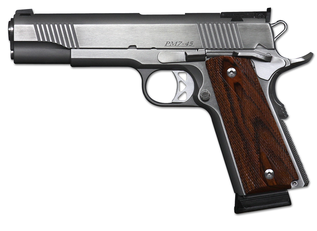 Dan Wesson Pointman Seven *CA Compliant 45 ACP Caliber with 5&quot; Barrel, 8+1 Capacity, Overall Brushed Stainless Steel Finish, Beavertail Frame, Serrated Slide, Wood Grip &amp; Adjustable Rear Sight