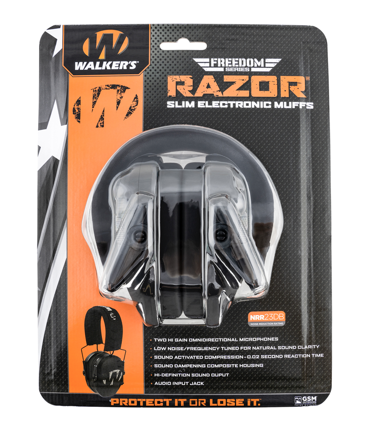 Walker Razor Freedom Muff 23 dB Over the Head Polymer Black Ear Cups with Distressed Walker&#39;s Logo, Black Headband &amp; White Logo