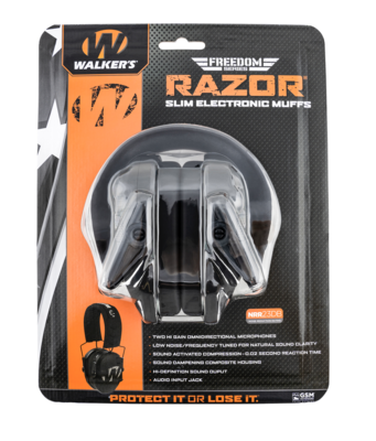 Walker Razor Freedom Muff 23 dB Over the Head Polymer Black Ear Cups with Distressed Walker&#39;s Logo, Black Headband &amp; White Logo