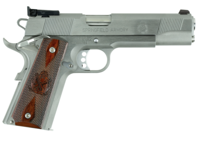 Springfield Armory 1911 Loaded Target *CA Compliant 9mm Luger Caliber with 5&quot; Barrel, 9+1 Capacity, Overall Stainless Steel Finish Beavertail Frame, Serrated Slide, Crossed Cannon Cocobolo Grip &amp; Adju