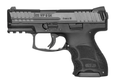 HK VP Subcompact 9mm Luger Caliber with 3.39&quot; Barrel, 10+1 or 13+1 Capacity, Black Finish with Picatinny Rail Frame, Serrated Steel Slide, Finger Grooved Interchangeable Backstrap Grip &amp; Night Sights 