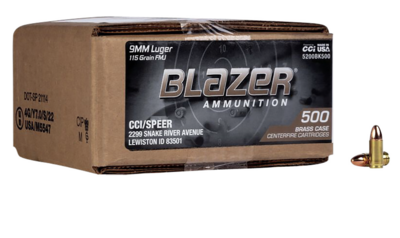 CCI  Blazer Brass 9mm Full Metal Jacket (FMJ) 115GR 500 RD Case