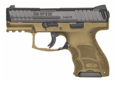 HK VP Subcompact 9mm Luger Caliber with 3.39&quot; Barrel, 10+1 or 13+1 Capacity, Flat Dark Earth Finish Picatinny Rail Frame, Serrated Black Steel Slide &amp; Finger Grooved Interchangeable Backstrap Grip Inc