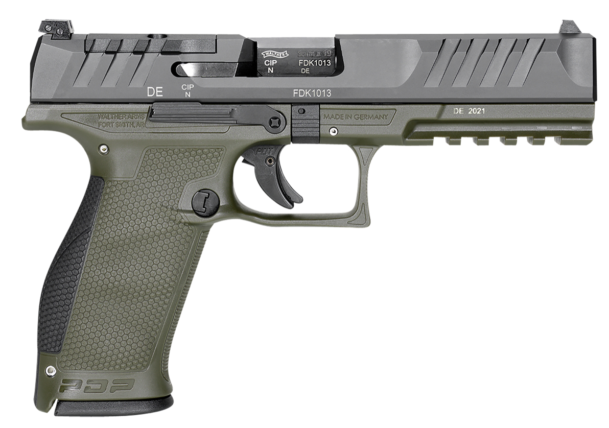 Walther Arms 2858363 PDP Optic Ready 9mm Luger Caliber with 4.50&quot; Barrel, 18+1 Capacity, Green Finish Picatinny Rail Frame, Serrated/Optic Cut Black Steel Slide &amp; Performance Duty Textured Black Polym