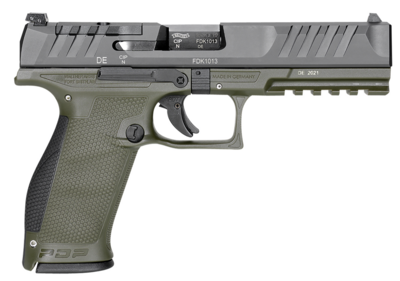 Walther Arms 2858363 PDP Optic Ready 9mm Luger Caliber with 4.50&quot; Barrel, 18+1 Capacity, Green Finish Picatinny Rail Frame, Serrated/Optic Cut Black Steel Slide &amp; Performance Duty Textured Black Polym