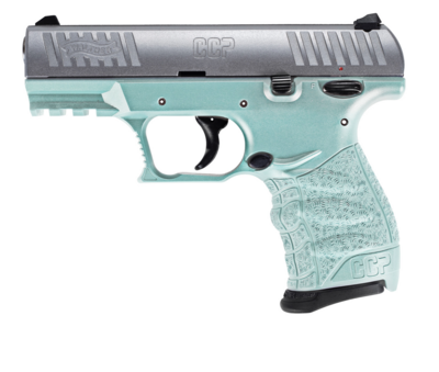 Walther Arms 5083512 CCP M2 + 9mm Luger Caliber with 3.54&quot; Barrel, 8+1 Capacity, Angel Blue Finish Picatinny Rail Frame, Serrated Sliver Stainless Steel Slide &amp; Finger Grooved Polymer Grip