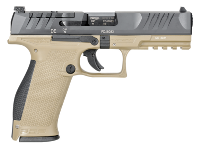 Walther Arms 2858380 PDP Optic Ready 9mm Luger Caliber with 4.50&quot; Barrel, 18+1 Capacity, Tan Finish Picatinny Rail Frame, Serrated/Optic Cut Black Steel Slide &amp; Performance Duty Textured Black Polymer
