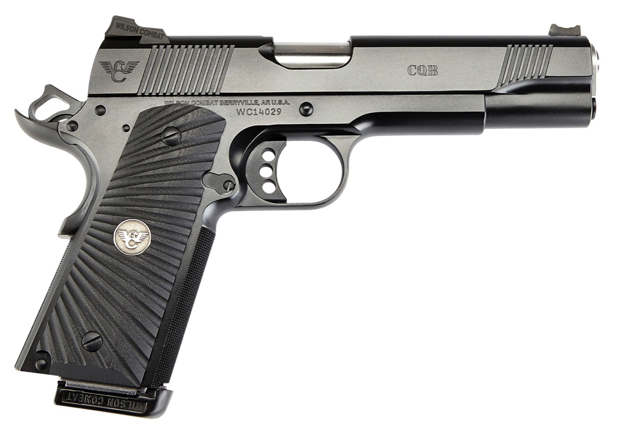 Wilson Combat CQBFS45A 1911 CQB Full Size 45 ACP Caliber with 5&quot; Barrel, 8+1 Capacity, Black Armor-Tuff Finish Carbon Steel Beavertail Frame, Serrated Black Carbon Steel Slide, Black G10 Starburst Gri