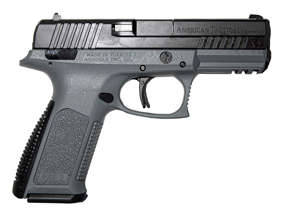 American Tactical FXS-9 9mm Luger 17+1 4.10&quot; Barrel, Gray Polymer Frame w/Accessory Rail, Serrated Gray Nitride Steel Slide, Textured Black Interchangeable Backstrap, Manual Safety
