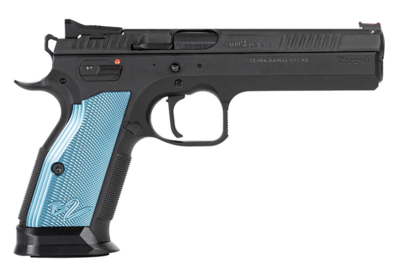 CZ-USA 91222 TS 2 40 S&amp;W Caliber 5.28&quot; Barrel, 17+1, Black Polycoat Steel with Serrated Trigger Guard &amp; Beavertail Frame, Inside Railed Black Steel Slide, &amp; Checkered Blue Aluminum Grip