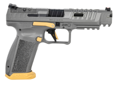 Canik SFx Rival 9mm Luger 18+1 5&quot; Barrel, Rival Gray Frame w/Picatinny Accessory Rail &amp; Gold Cerakote Accents, Aggressive Serrated Steel Slide w/Optic Cut/Ports, Rival Gray Interchangeable Backstrap G