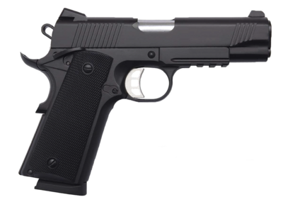 Tisas 10100107 1911 Carry 9mm Luger Caliber with 4.25&quot; Barrel, 9+1 Capacity, Black Cerakote Steel with Picatinny Rail &amp; Beavertail Frame, Serrated Black Cerakote Steel Slide, &amp; Black Polymer Grip