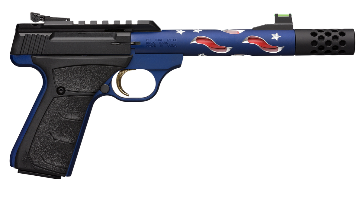 Browning Buck Mark Plus Vision Americana SR 22 LR 10+1 5.87&quot; Americana Themed Steel Threaded w/Muzzle Brake Barrel, Matte Black Optic Ready/Serrated Steel Slide, Blue Anodized Aluminum Frame w/ Black