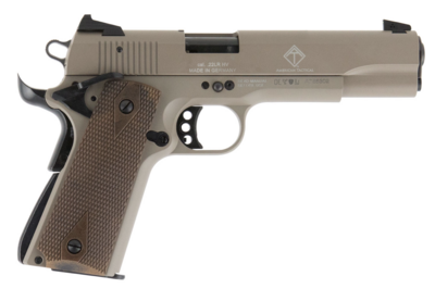 GSG GSG2210M1911T 1911 22 LR 10+1 5&quot; Threaded Barrel, Tan Serrated Slide &amp; Zinc Alloy w/Beavertail Frame, Double Diamond Walnut Grip