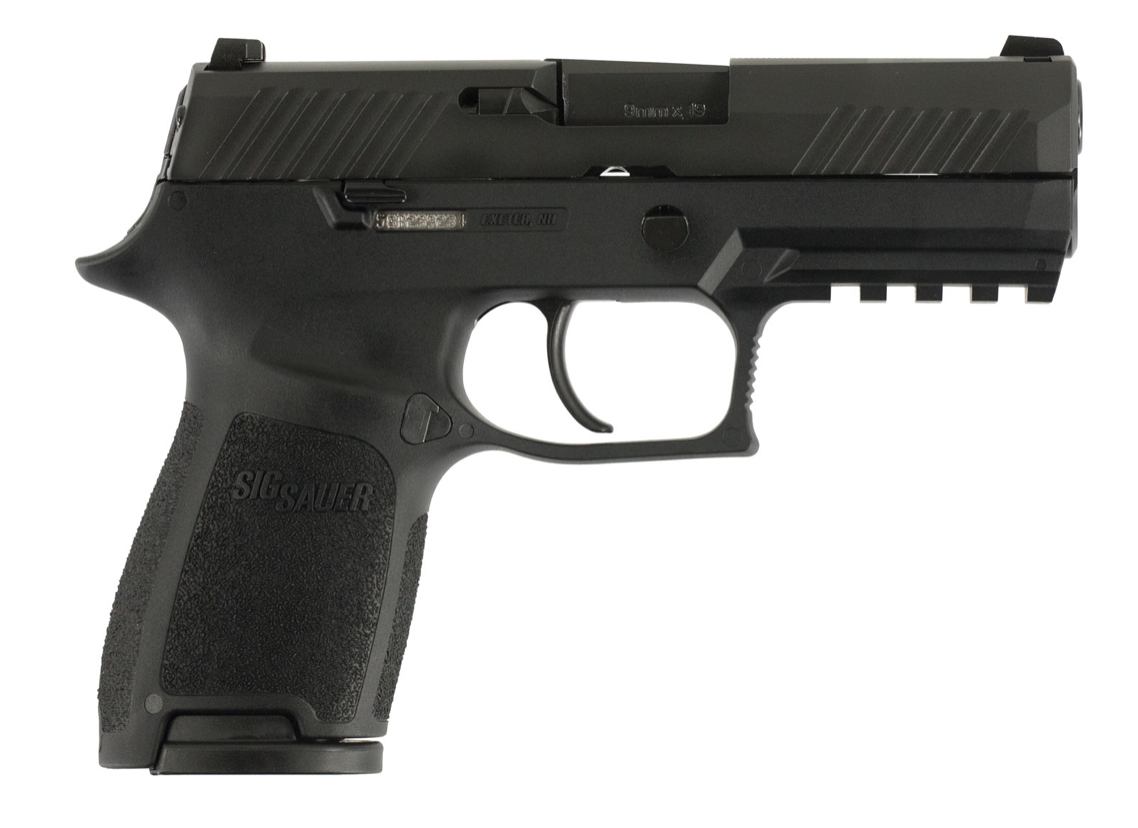Sig Sauer 320C9B10 P320 Compact Striker Fire 9mm Luger Caliber with 3.90&quot; Barrel, 10+1 Capacity, Black Finish Picatinny Rail Frame, Serrated Black Nitron Stainless Steel Slide &amp; Polymer Grip