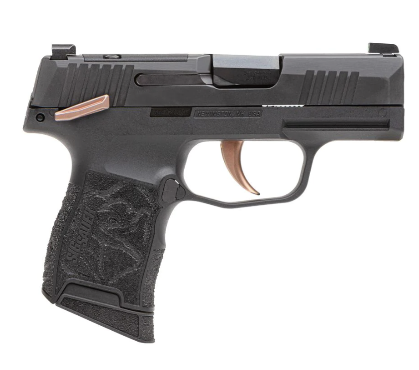 Sig Sauer 365380ROSEMS P365 Rose 380 Cal 10+1 3.10&quot; Black Barrel, Black Nitron Optic Ready/Serrated w/&quot;Rose&quot; Engraved Slide, Black Steel Frame w/Matte Rose Controls, Black Polymer w/Rose Engraved Grip