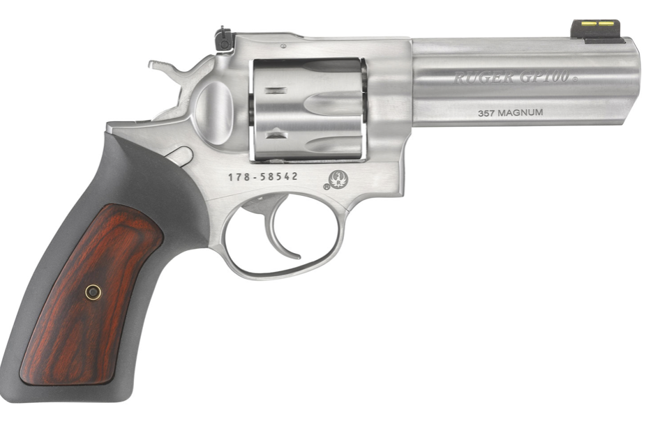 Ruger 1771 GP100 357 Mag 4.20&quot; Barrel 7rd Cylinder, Satin Stainless Steel Frame, Cushioned Rubber With Hardwood Insert Grip, Transfer Bar Safety