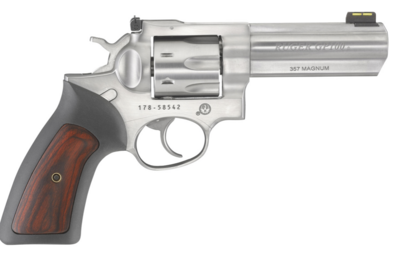 Ruger 1771 GP100 357 Mag 4.20&quot; Barrel 7rd Cylinder, Satin Stainless Steel Frame, Cushioned Rubber With Hardwood Insert Grip, Transfer Bar Safety