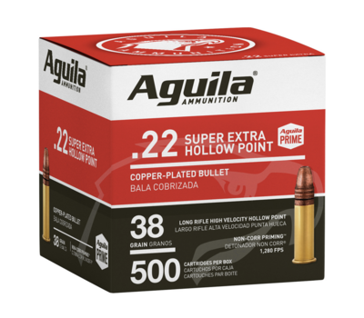 Aguila Super Extra High Velocity 22 LR 38 gr Copper Plated Hollow Point (CPHP) 500 Per Box