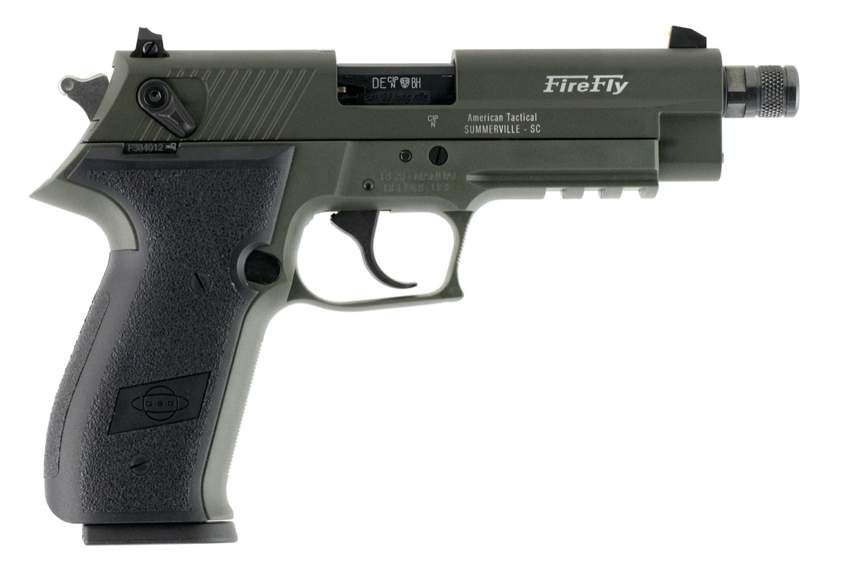 GSG GERG2210TFFG FireFly 22 LR 10+1 4.90&quot; Black Steel/Threaded Barrel, Green Serrated Slide &amp; Zinc Alloy w/Accessory Rail Frame, Black Polymer Grip