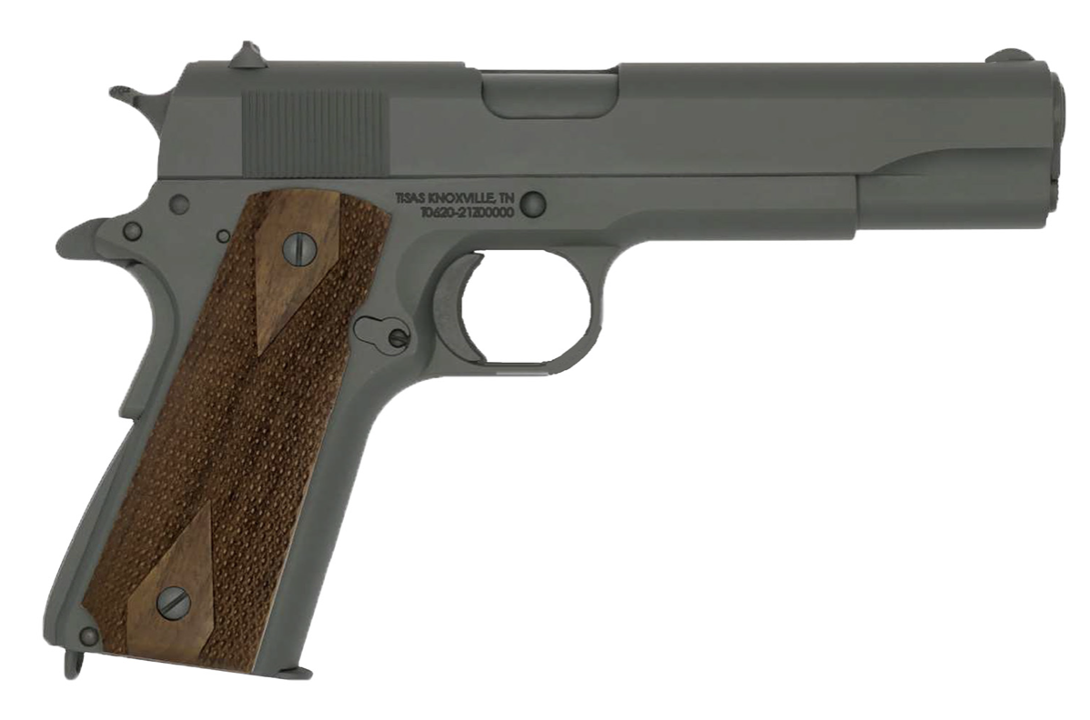 Tisas 1911 A1 US Army 9mm Luger Caliber with 5&quot; Barrel, 9+1 Capacity, Overall Black Parkerized Finish Steel, Beavertail Frame, Serrated Slide &amp; Checkered Wood Grip