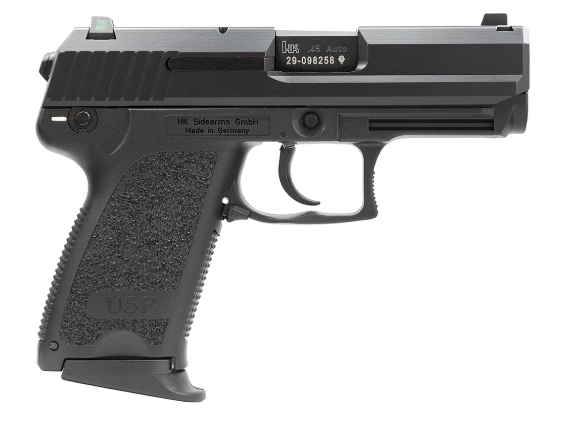 HK 81000343 USP Compact V1 45 ACP 8+1 3.78&quot; Polygonal Rifled Barrel, Black Serrated Slide, Black Polymer Frame w/Serrated Trigger Guard, Black Polymer Grips