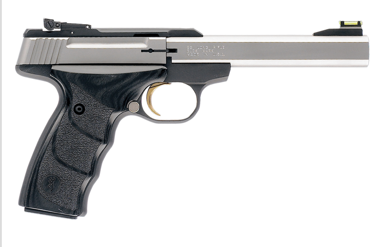 Browning 051427490 Buck Mark Plus *CA Compliant 22 LR 10+1 5.50&quot; Slab Side Barrel, Serrated SS Slide, Matte Black Aluminum Frame, Black Laminate Wood Grips