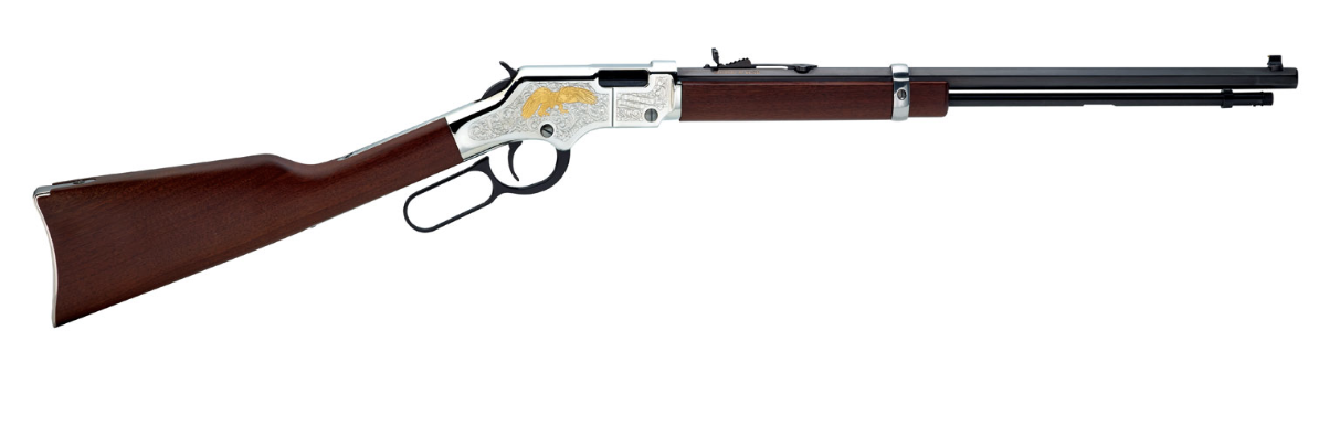 Henry H004GE Golden Eagle Silver 22 Short, 22 Long or 22 LR Caliber with 16 LR/21 Short Capacity, 20&quot; Blued Barrel, Nickel-Plated Metal Finish &amp; American Walnut Stock Right Hand (Full Size)