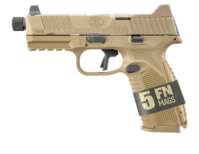 FN 66-101652 509 Tactical Bundle 9mm Luger 10+1 4.50&quot; Black Steel Threaded Barrel, Flat Dark Earth Optic Ready/Serrated Slide, Flat Dark Earth Checkered Polymer Frame w/Picatinny Rail, Interchangeable