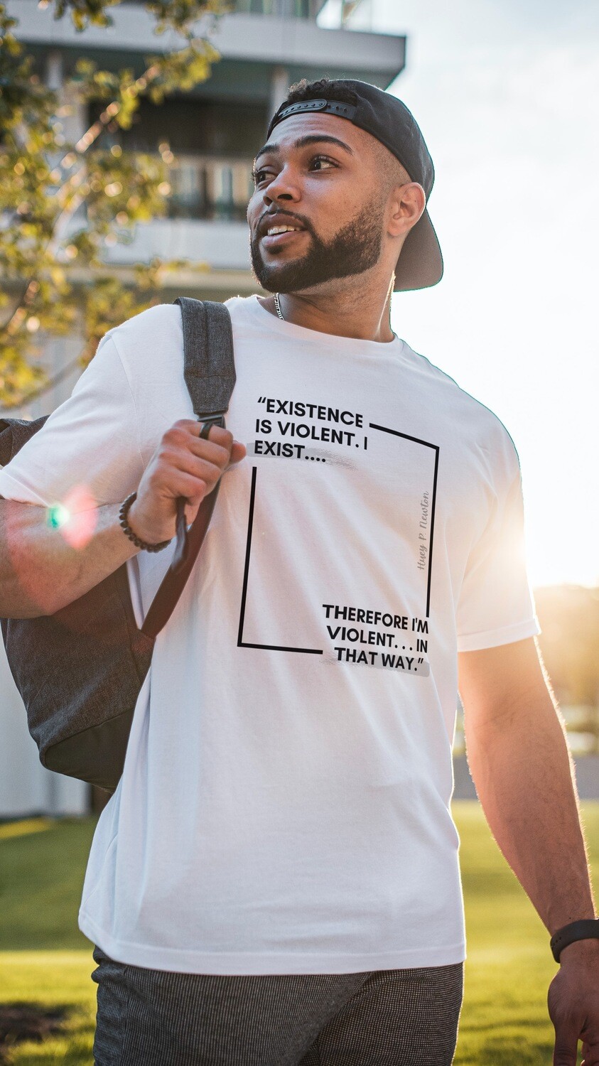 Existence Is Violent Huey P Newton Short-Sleeve T-Shirt (White &amp; Grey)